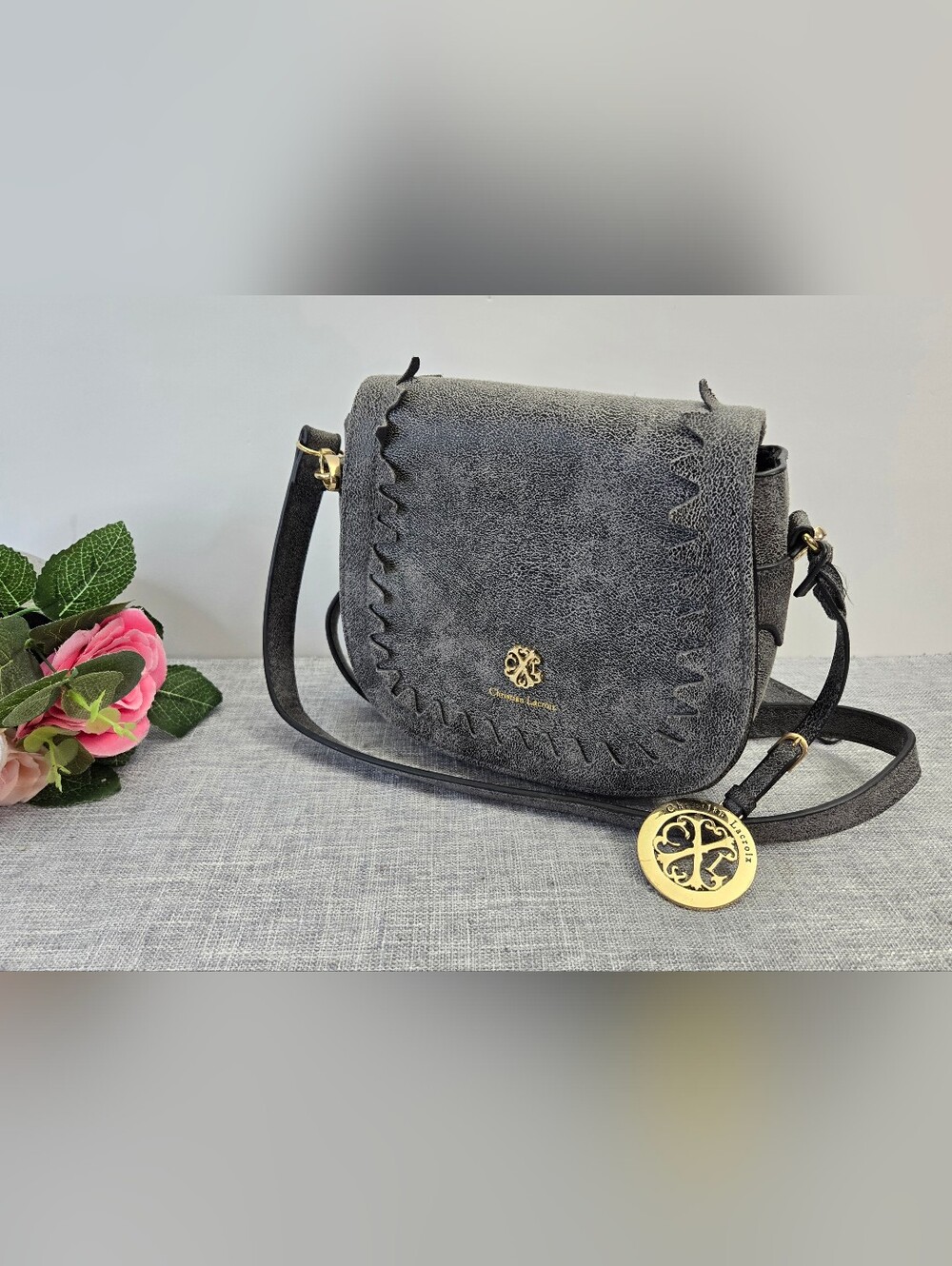 Christian Lacroix Grey Crossbody Bag‎ Gold Tone Metalic Logo RN #137646